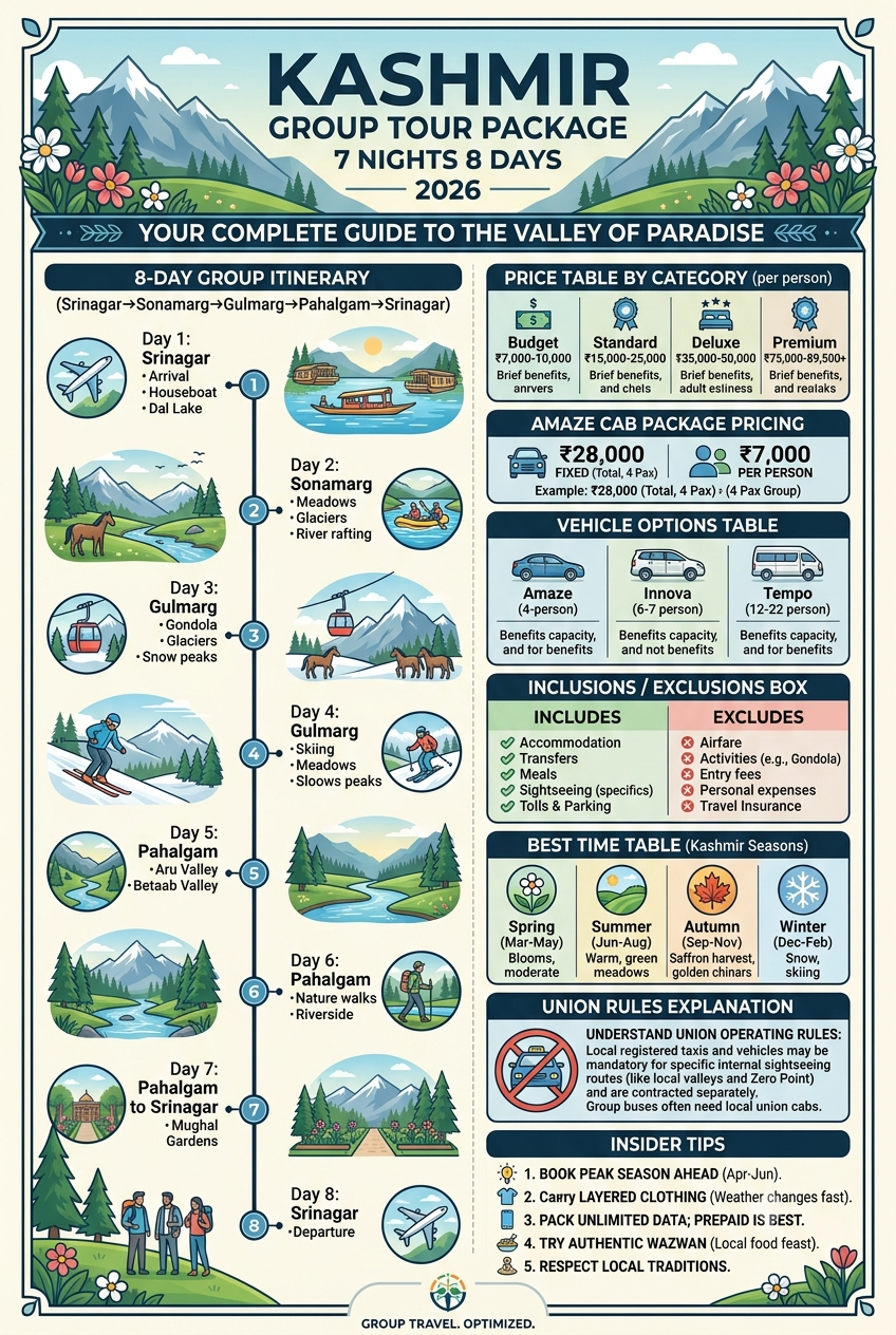 Kashmir group tour package 7 nights 8 days 2026 infographic - pricing, vehicle options, itinerary, inclusions
