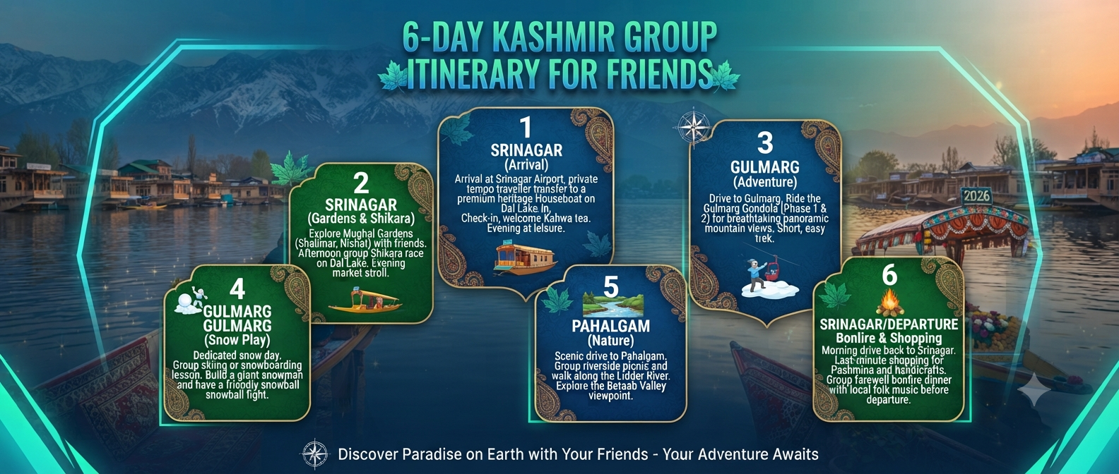Kashmir group tour packages for friends budget - 6-day group itinerary infographic