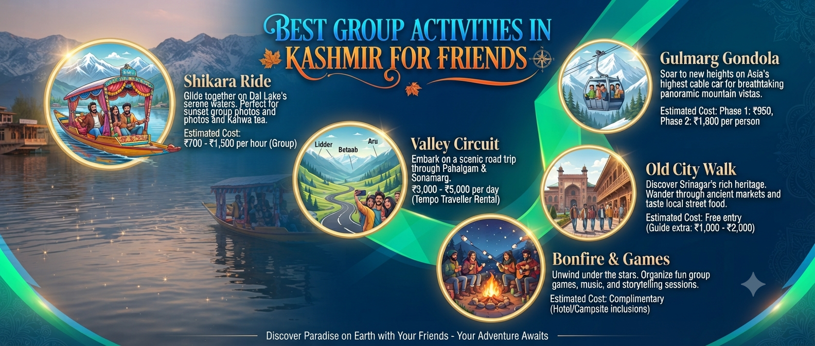  Kashmir group tour packages for friends budget - best group activities infographic shikara gondola valley bonfire old city
