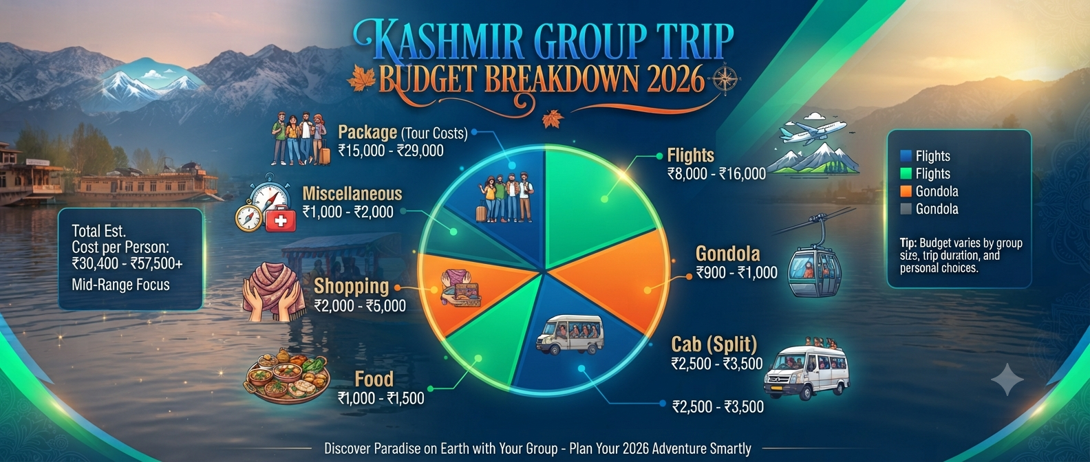 Kashmir group tour packages for friends budget - group budget breakdown infographic package flights gondola cab food shopping
