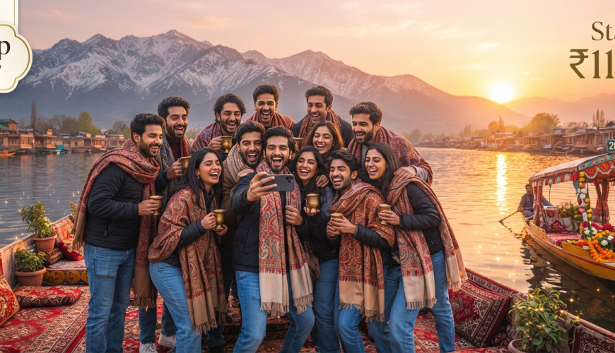 Kashmir group tour packages for friends budget - group of friends enjoying houseboat sunset on Dal Lake with Nature Connect Travels