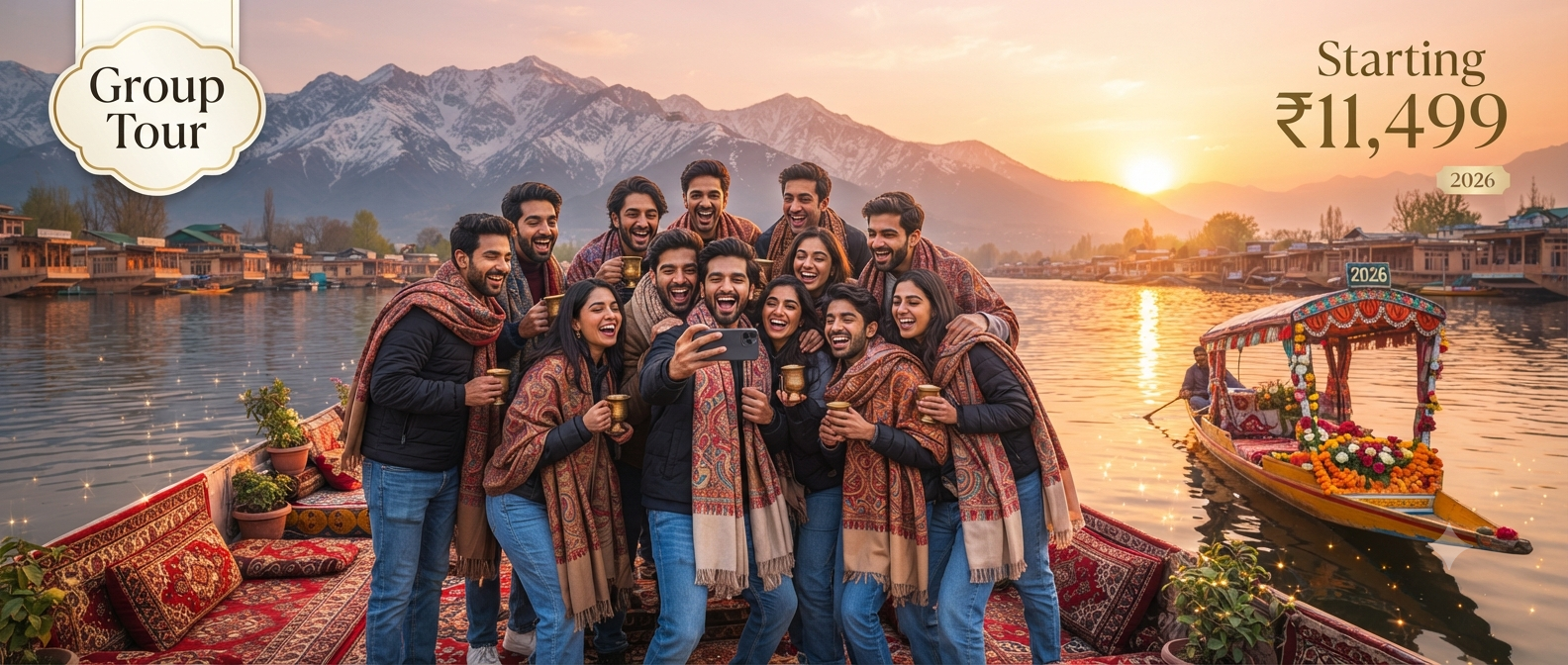 Kashmir group tour packages for friends budget - group of friends enjoying houseboat sunset on Dal Lake with Nature Connect Travels