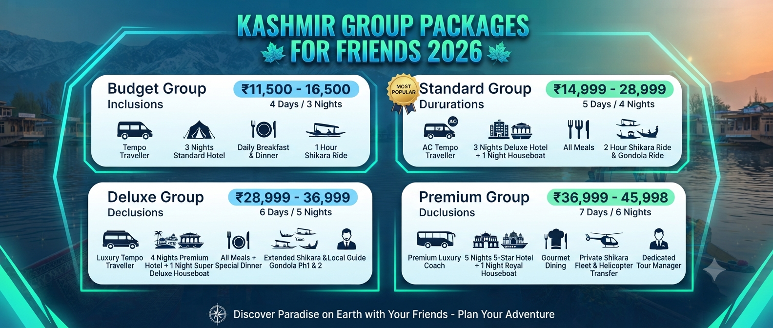 Kashmir group tour packages for friends budget - group package comparison infographic 2026 budget standard deluxe premium