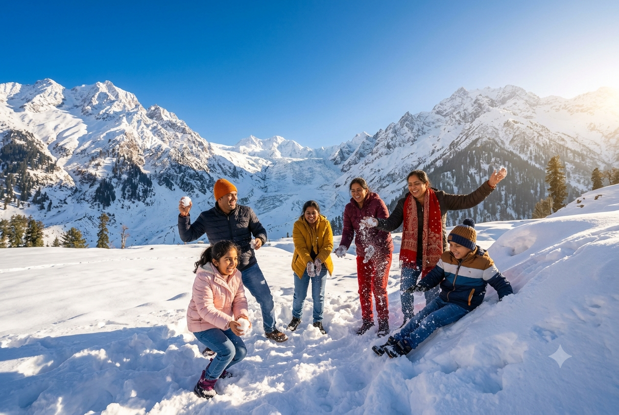 Kashmir group tour packages from Ahmedabad 2026 - group at Thajiwas Glacier Sonamarg