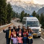 Kashmir group tour packages from Ahmedabad 2026 - happy group with tempo traveller in Kashmir