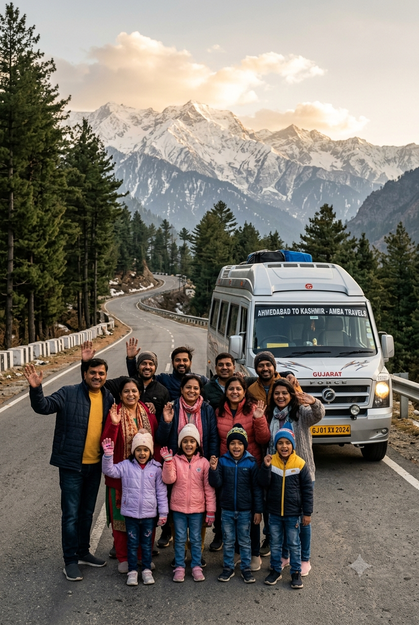Kashmir group tour packages from Ahmedabad 2026 - happy group with tempo traveller in Kashmir