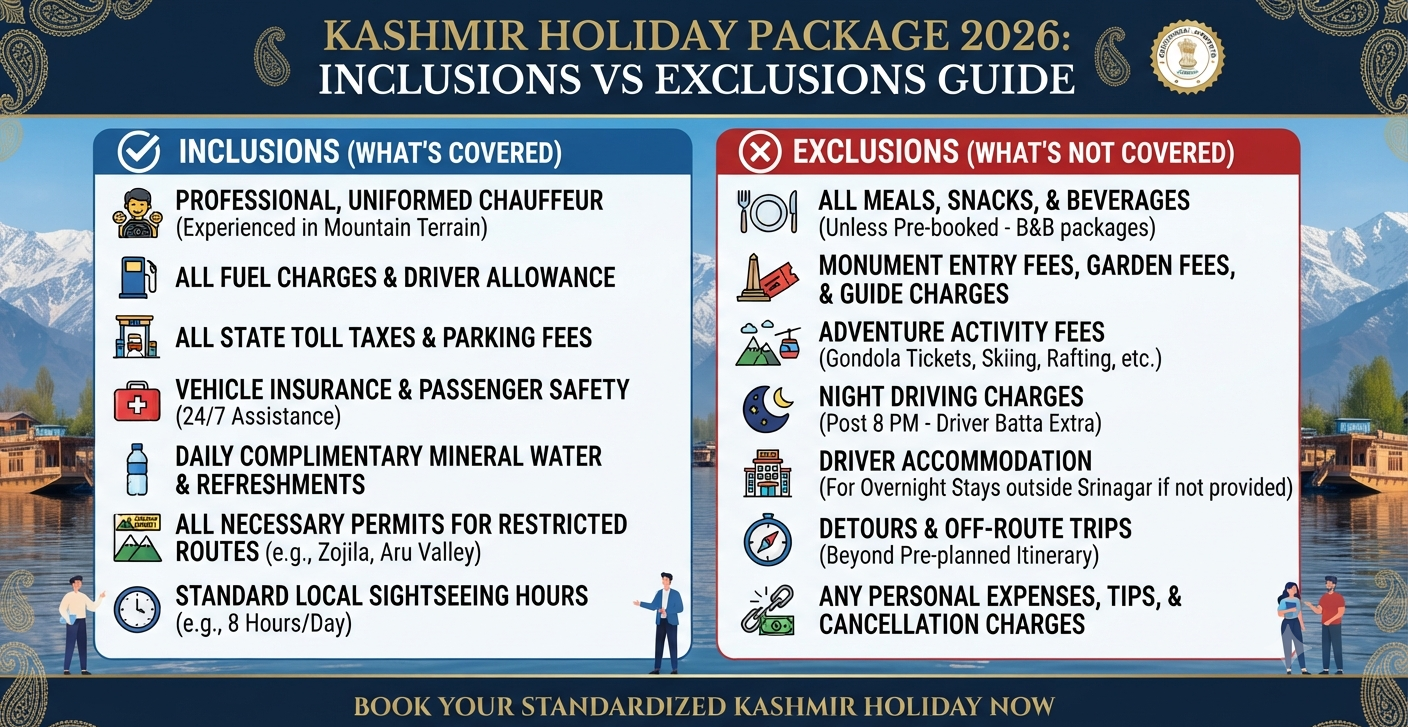 Kashmir holiday package 2026 - inclusions and exclusions infographic