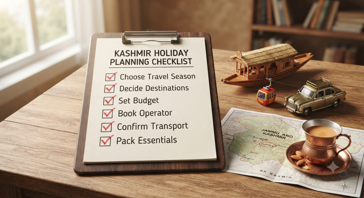 How to Plan a Kashmir Holiday Package 2026 | Complete Guide 8 Kashmir holiday package planning checklist with season selection, destination choices, budget setting, and transport booking - how to plan a Kashmir trip step by step