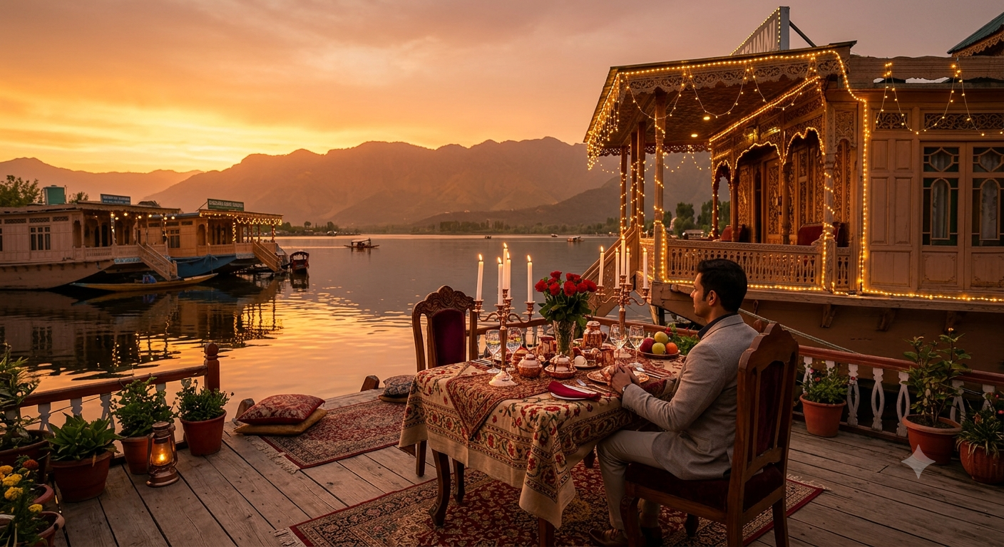 Kashmir Honeymoon Itinerary 6 Days 5 Nights 2026 | ₹22,000 | Book Now 15 Kashmir honeymoon itinerary 6 days 5 nights 2026 - candlelight dinner on houseboat deck