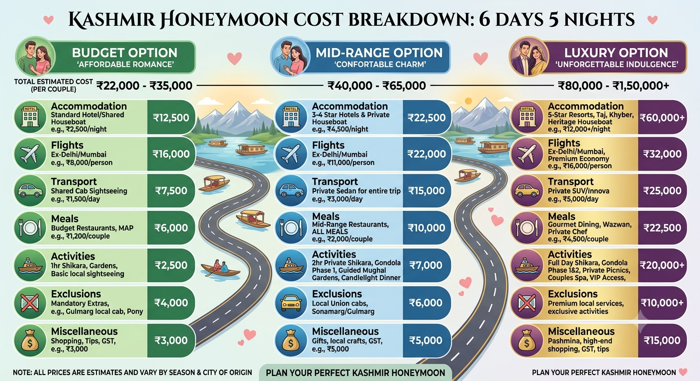 Kashmir Honeymoon Itinerary 6 Days 5 Nights 2026 | ₹22,000 | Book Now 12 Kashmir honeymoon itinerary 6 days 5 nights 2026 - price breakdown infographic