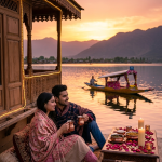 Kashmir honeymoon itinerary 6 days 5 nights 2026 - romantic couple on houseboat at Dal Lake sunset with Kahwa and candlelight dinner