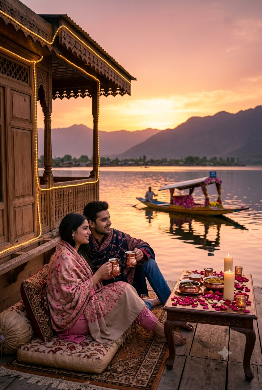 Kashmir honeymoon itinerary 6 days 5 nights 2026 - romantic couple on houseboat at Dal Lake sunset with Kahwa and candlelight dinner
