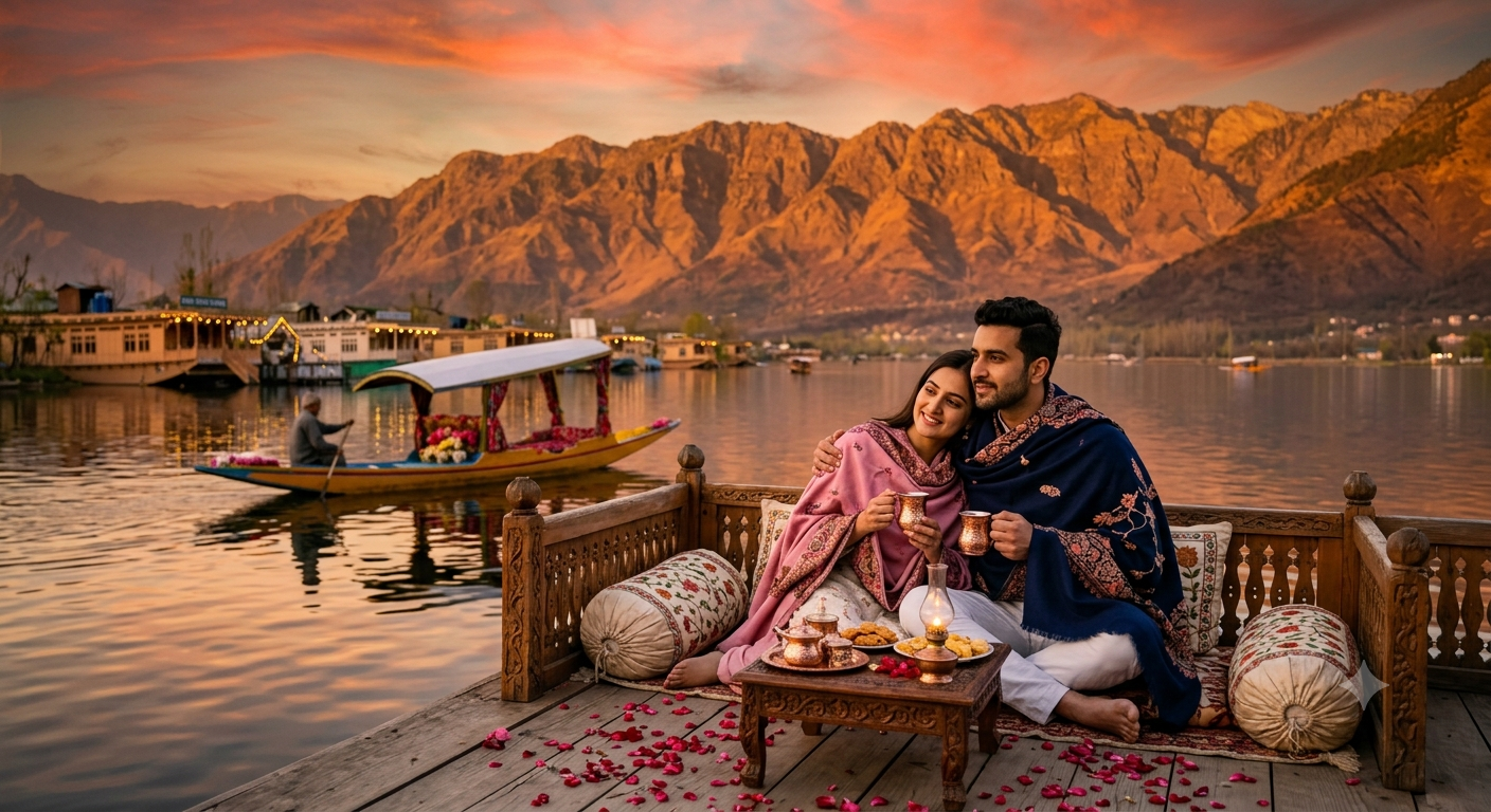 Kashmir Honeymoon Itinerary 6 Days 5 Nights 2026 | ₹22,000 | Book Now 10 Kashmir honeymoon itinerary 6 days 5 nights 2026 - romantic couple on houseboat at Dal Lake sunset