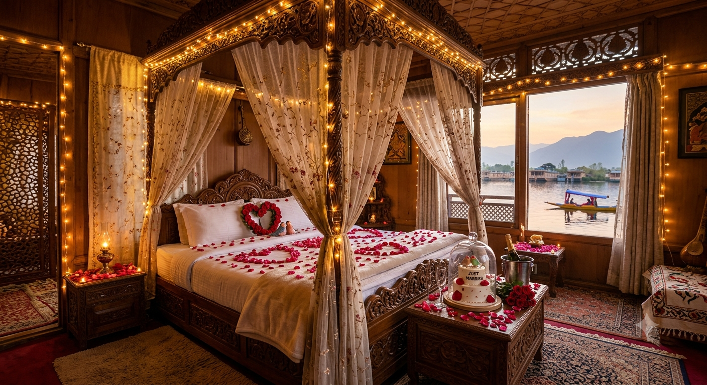 Kashmir Honeymoon Itinerary 6 Days 5 Nights 2026 | ₹22,000 | Book Now 16 Kashmir honeymoon itinerary 6 days 5 nights 2026 - romantic room decoration