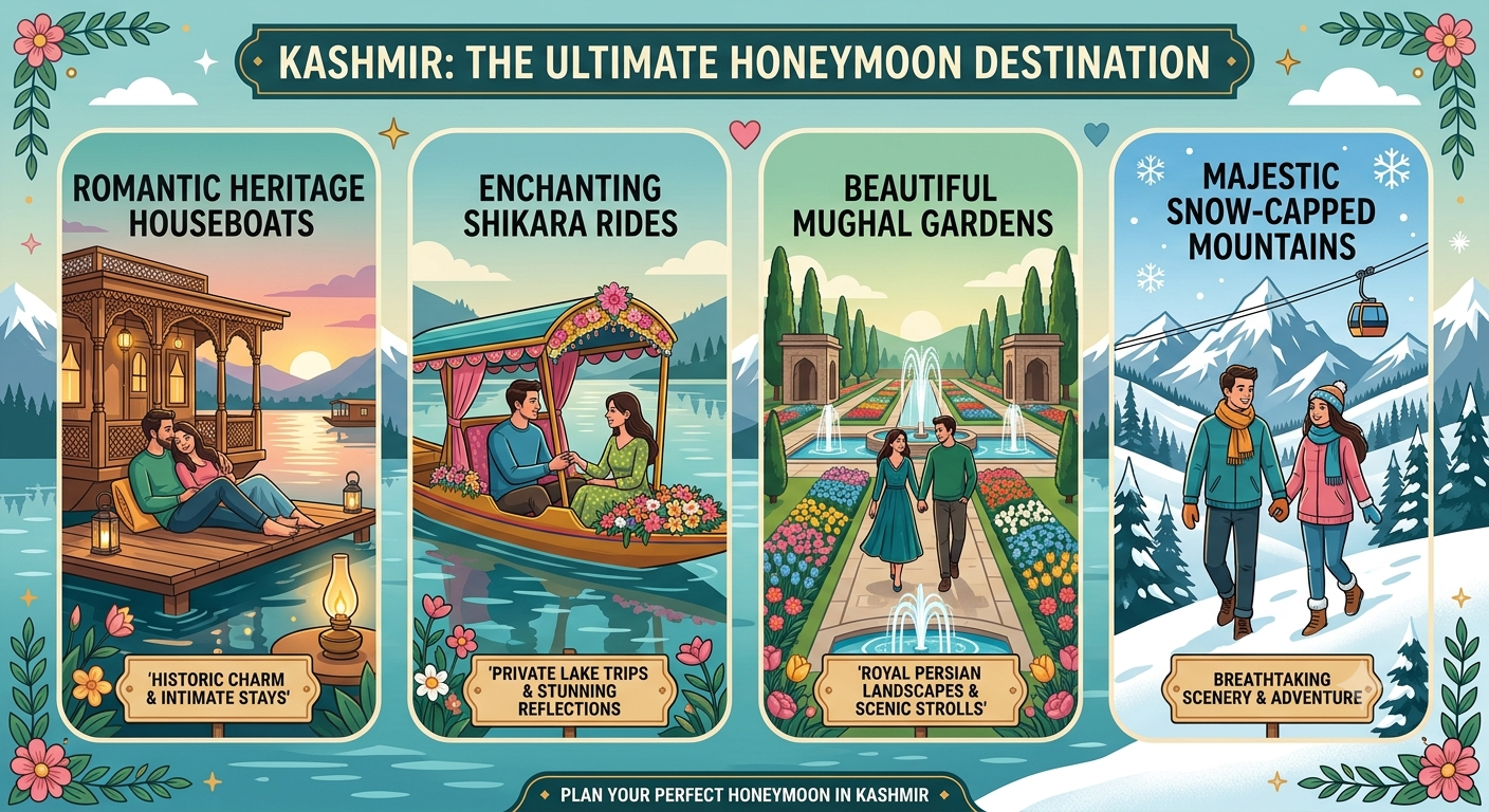 Kashmir Honeymoon Itinerary 6 Days 5 Nights 2026 | ₹22,000 | Book Now 11 Kashmir honeymoon itinerary 6 days 5 nights 2026 - why Kashmir is romantic infographic
