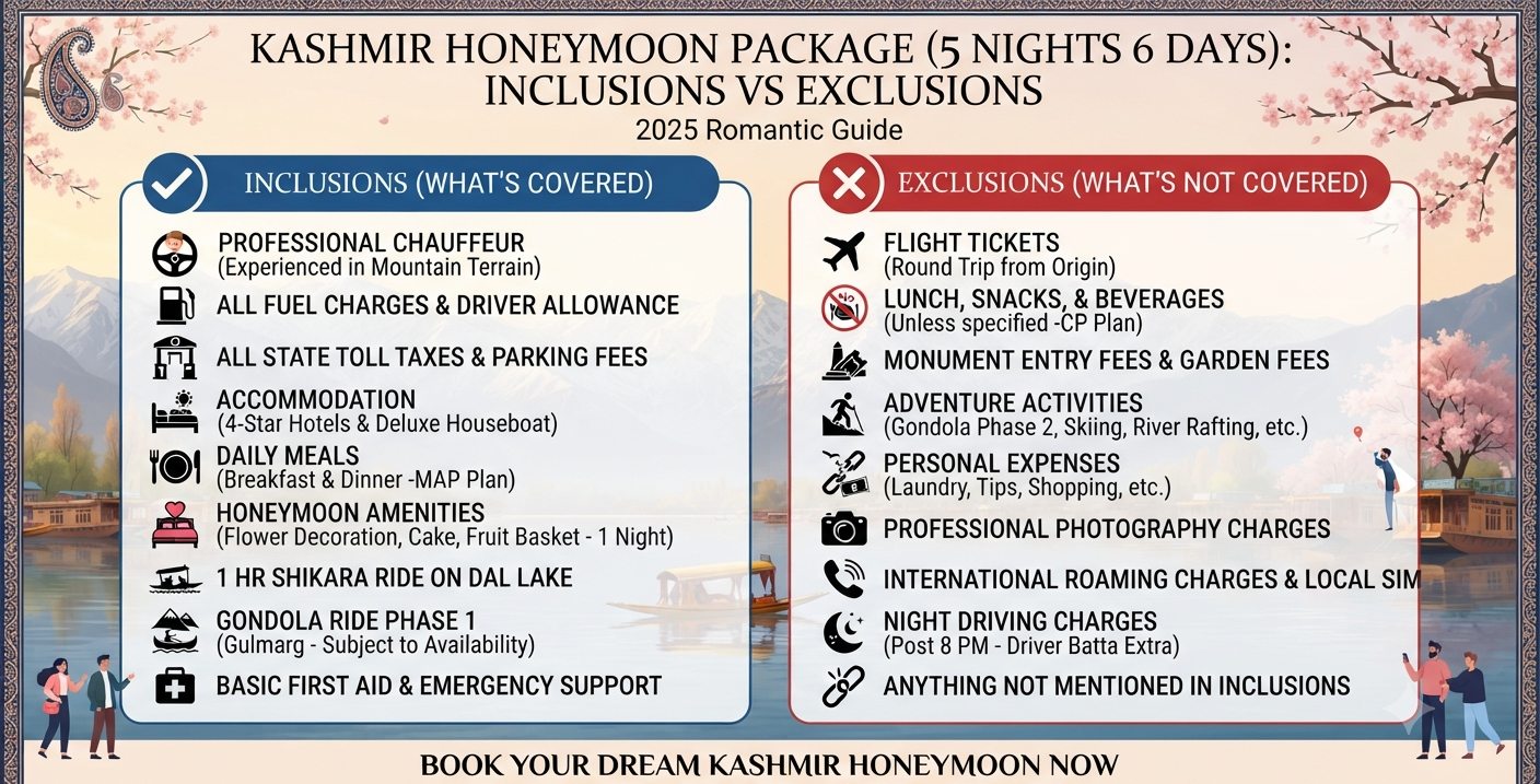 Kashmir honeymoon package 5 nights 6 days 2026 - inclusions and exclusions infographic
