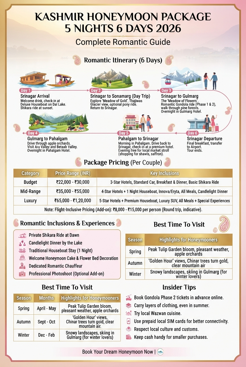 Kashmir honeymoon package 5 nights 6 days 2026 infographic - package prices 22000-120000 rupees, romantic itinerary Srinagar Gulmarg Pahalgam, inclusions houseboat shikara candlelight dinner