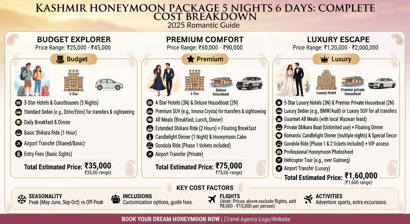 Kashmir honeymoon package 5 nights 6 days 2026 - price breakdown infographic
