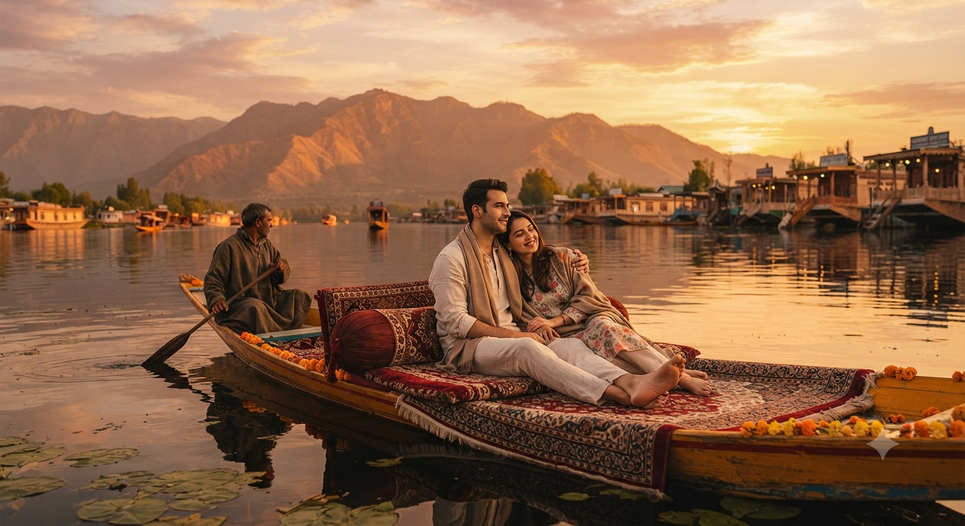 Kashmir honeymoon package 5 nights 6 days 2026 - private shikara ride on Dal Lake