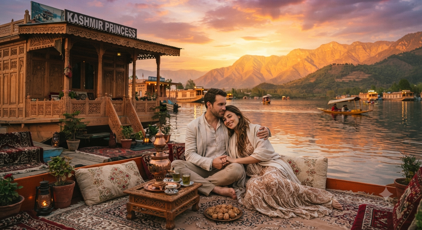 Kashmir honeymoon package 5 nights 6 days 2026 - romantic couple on houseboat at Dal Lake sunset