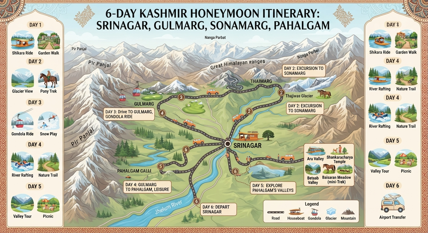 Kashmir honeymoon package 5 nights 6 days 2026 - romantic itinerary map