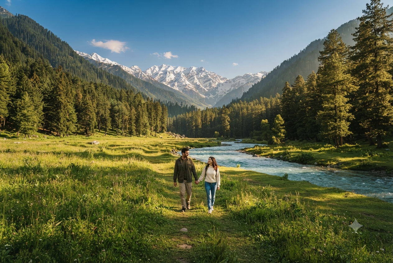  Kashmir honeymoon package for 7 days 2026 - couple walking in Betaab Valley Pahalgam
