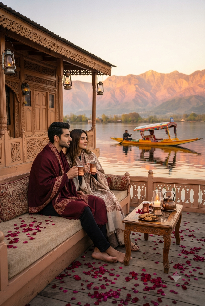 Kashmir honeymoon package for 7 days 2026 - romantic couple on houseboat at Dal Lake sunset