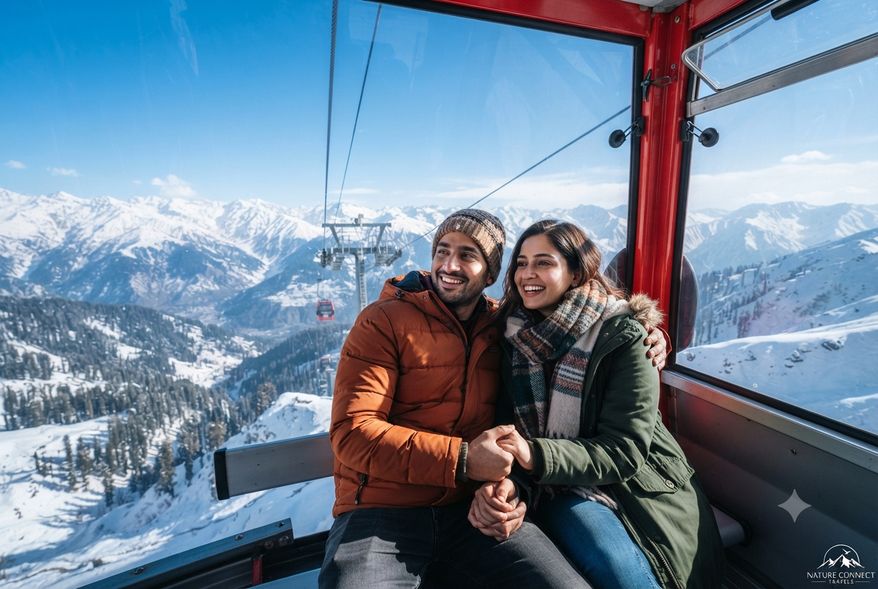 Kashmir honeymoon package from Mumbai with flight 2026 - couple enjoying Gulmarg Gondola ride