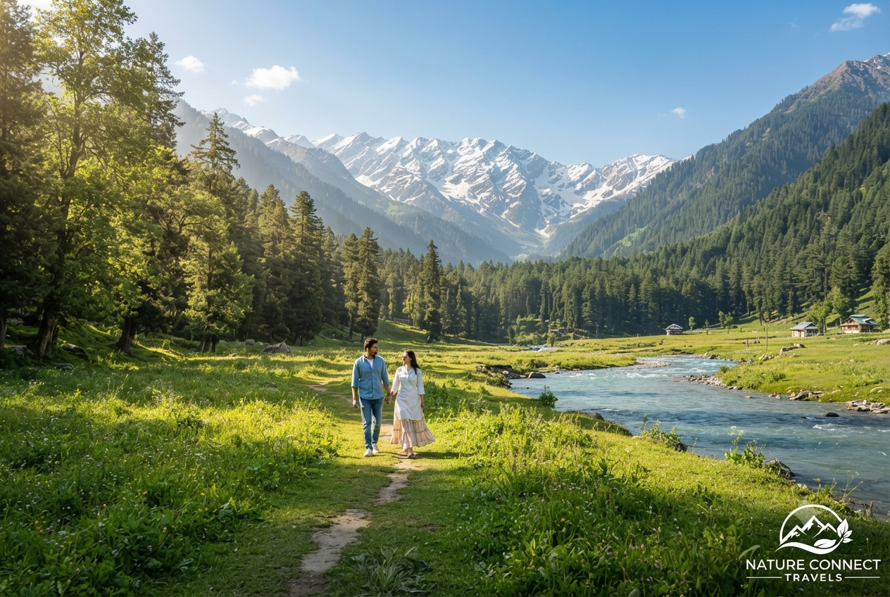 Kashmir honeymoon package from Mumbai with flight 2026 - couple in Betaab Valley Pahalgam