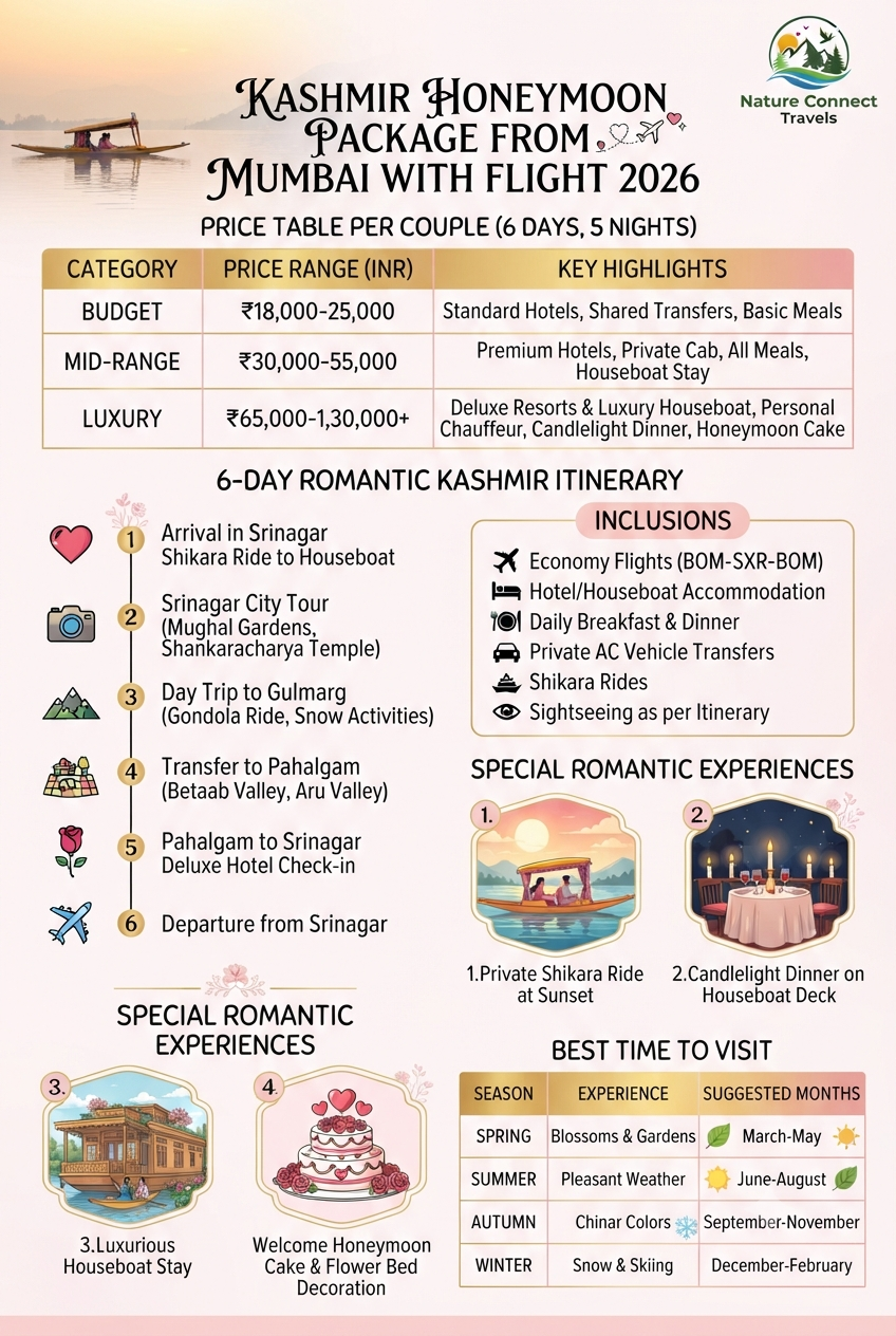 Kashmir honeymoon package from Mumbai with flight 2026 infographic - romantic package prices and inclusions