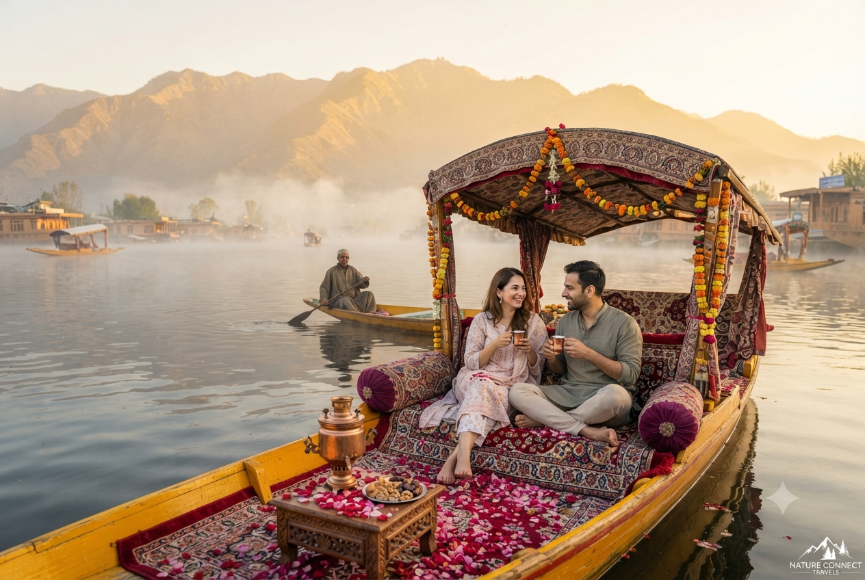 Kashmir honeymoon package from Mumbai with flight 2026 - private sunset shikara ride on Dal Lake