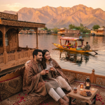 Kashmir honeymoon package from Mumbai with flight 2026 - romantic couple on houseboat at Dal Lake sunset