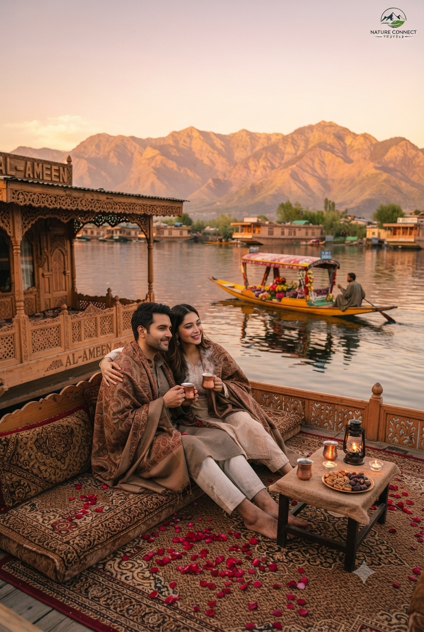 Kashmir honeymoon package from Mumbai with flight 2026 - romantic couple on houseboat at Dal Lake sunset