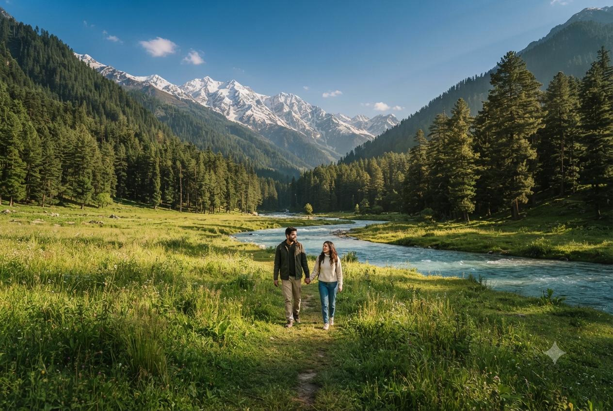 Kashmir Honeymoon Packages with Flight 2026 | ₹29,999 | Book Now 10 Kashmir honeymoon packages with flight 2026 - couple walking in Betaab Valley Pahalgam