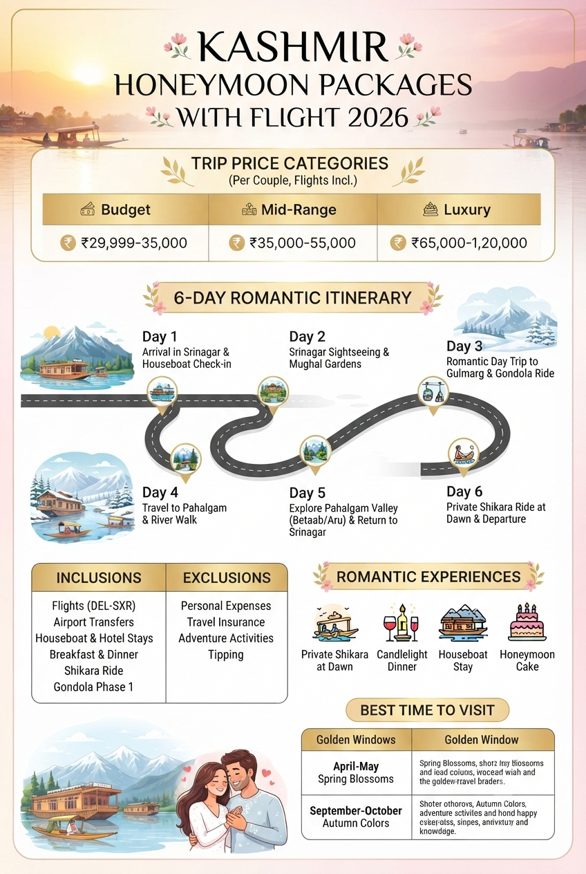 Kashmir Honeymoon Packages with Flight 2026 | ₹29,999 | Book Now 8 Kashmir honeymoon packages with flight 2026 infographic - package prices and inclusions