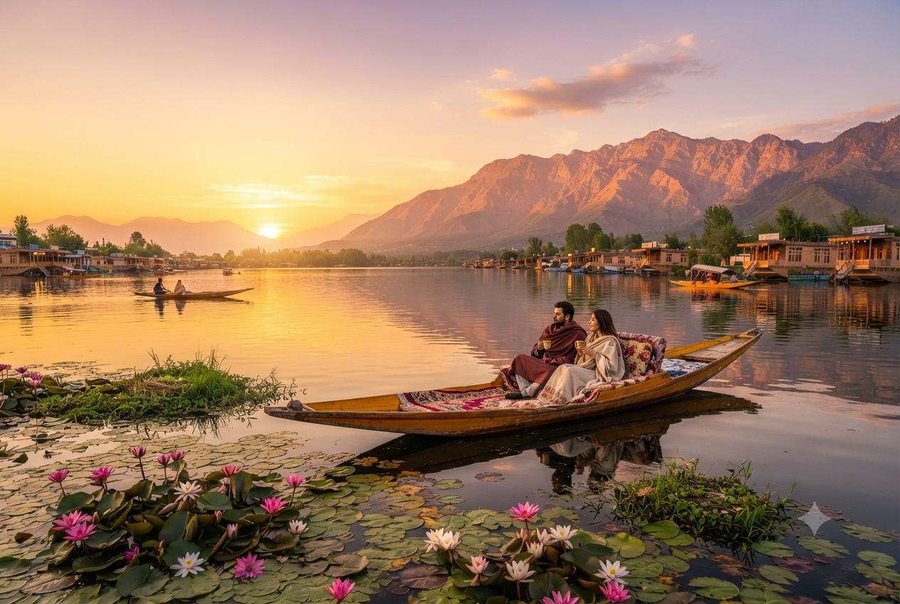 Kashmir Honeymoon Packages with Flight 2026 | ₹29,999 | Book Now 9 Kashmir honeymoon packages with flight 2026 - private shikara ride on Dal Lake at golden hour