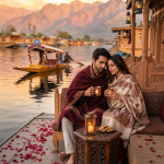Kashmir honeymoon packages with flight 2026 - romantic couple on houseboat at Dal Lake sunset with Kahwa
