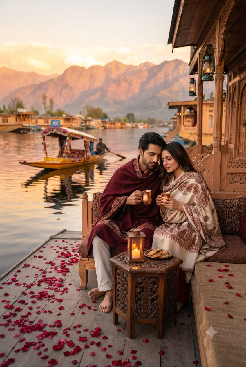 Kashmir honeymoon packages with flight 2026 - romantic couple on houseboat at Dal Lake sunset with Kahwa