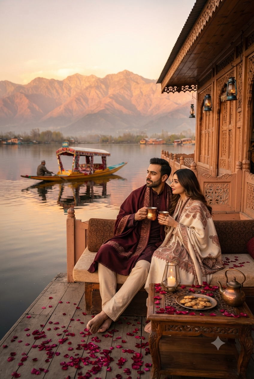 Kashmir Honeymoon Packages with Flight 2026 | ₹29,999 | Book Now 7 Kashmir honeymoon packages with flight 2026 - romantic couple on houseboat at Dal Lake sunset