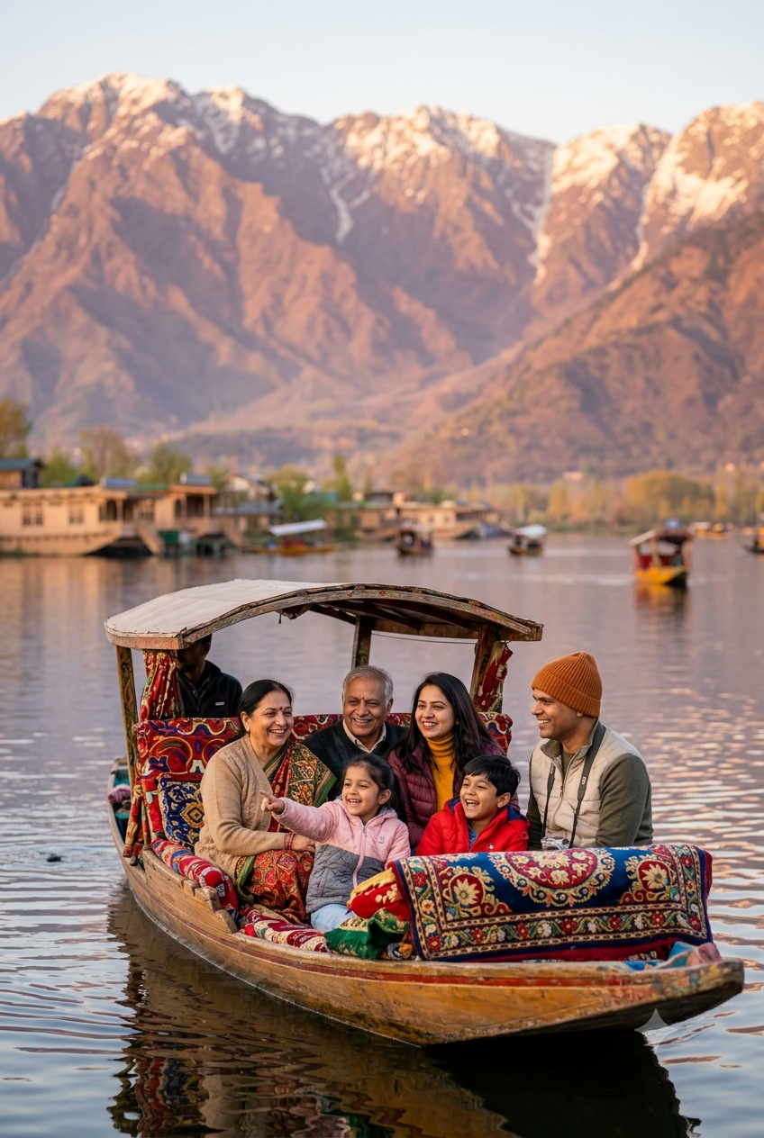 Kashmir itinerary 6 nights 7 days from Ahmedabad 2026 - family enjoying shikara ride on Dal Lake