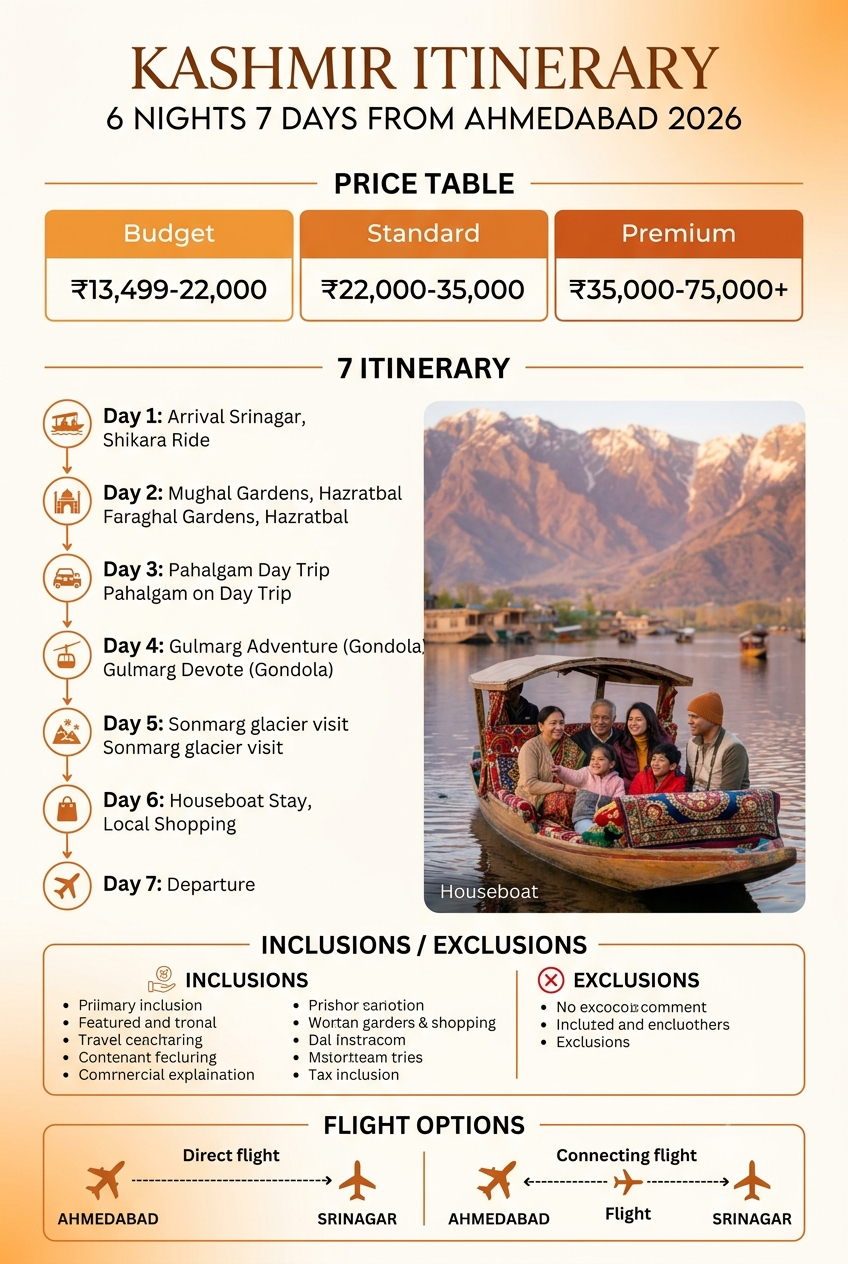 Kashmir itinerary 6 nights 7 days from Ahmedabad 2026 infographic - package prices and day-wise plan