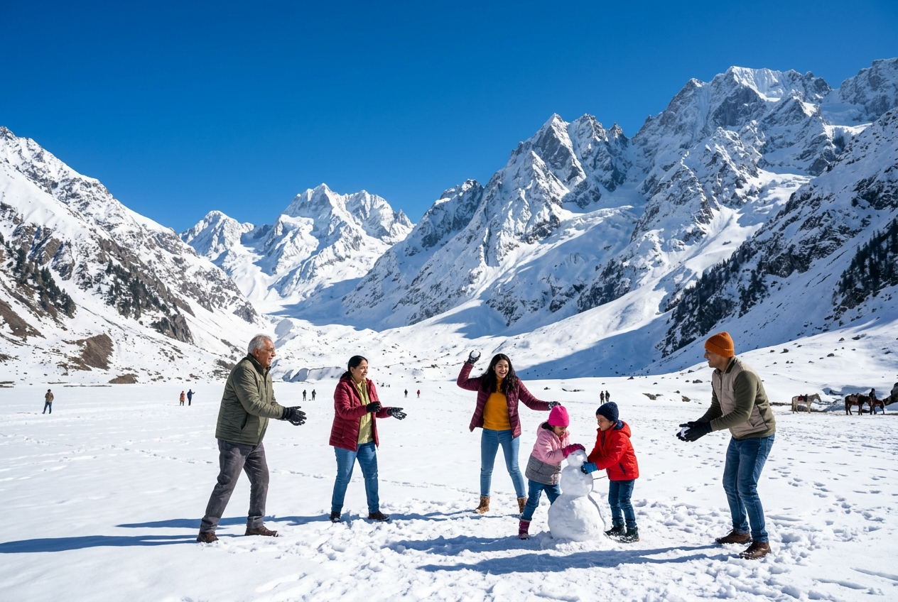 Kashmir itinerary 6 nights 7 days from Ahmedabad 2026 - travelers at Thajiwas Glacier Sonamarg