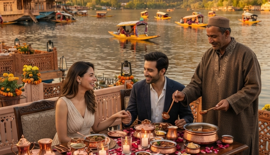Kashmir luxury package booking price 2026 - private Wazwan dinner on luxury houseboat at Dal Lake