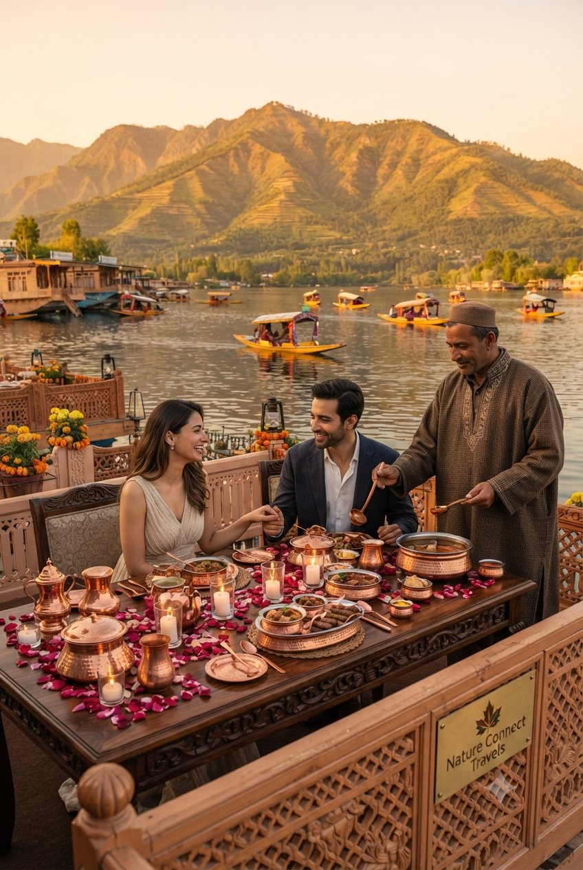 Kashmir luxury package booking price 2026 - private Wazwan dinner on luxury houseboat at Dal Lake