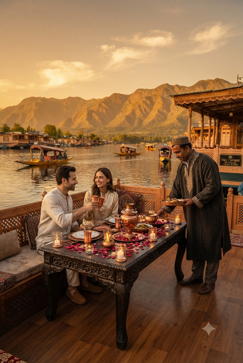 Kashmir luxury packages 2026 - private Wazwan dinner on luxury houseboat at Dal Lake