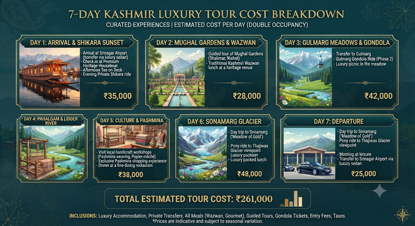 Kashmir luxury tour cost 2026 - 7-day itinerary cost breakdown infographic