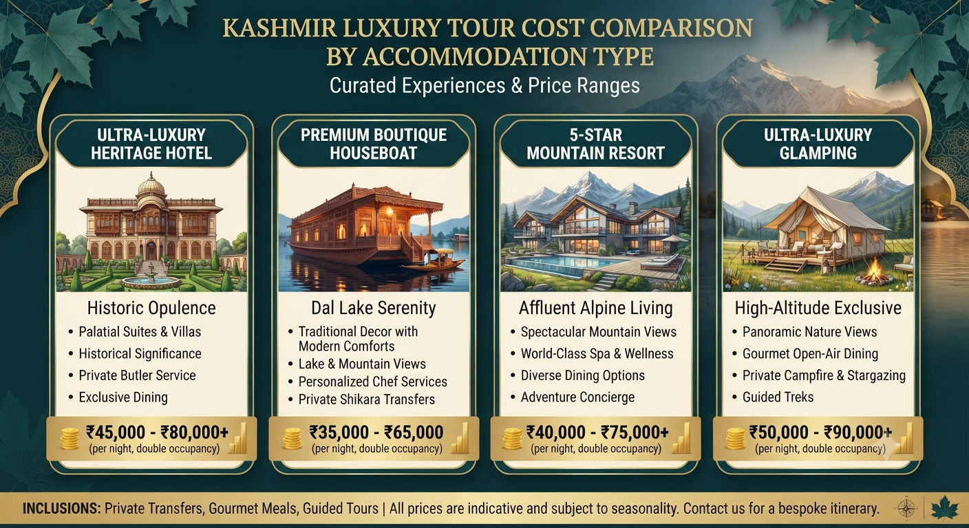 Kashmir luxury tour cost 2026 - Accommodation pricing infographic