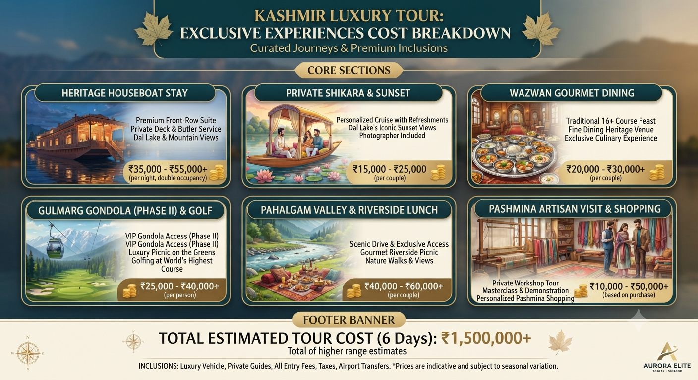 Kashmir luxury tour cost 2026 - Exclusive experiences price guide infographic
