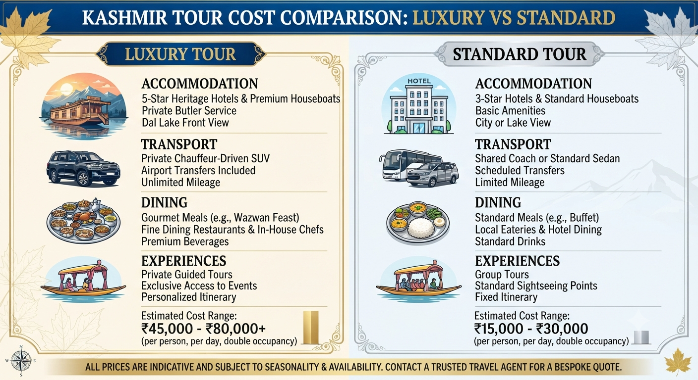 Kashmir luxury tour cost 2026 - Luxury vs standard comparison infographic