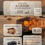 Kashmir luxury tour cost 2026 - Premium pricing infographic with houseboat and mountains